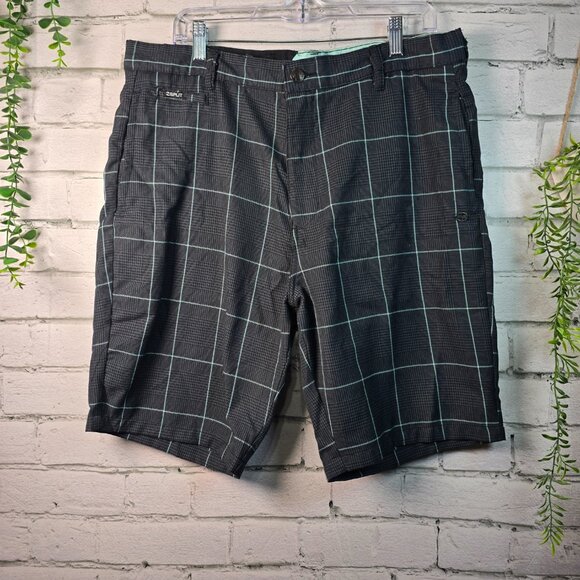 SPLIT USA MENS SHORT BLACK GRAY SM HOUNDSTOOTH PRINT TEAL ACCENT SIZE 36 EUC - Picture 1 of 8